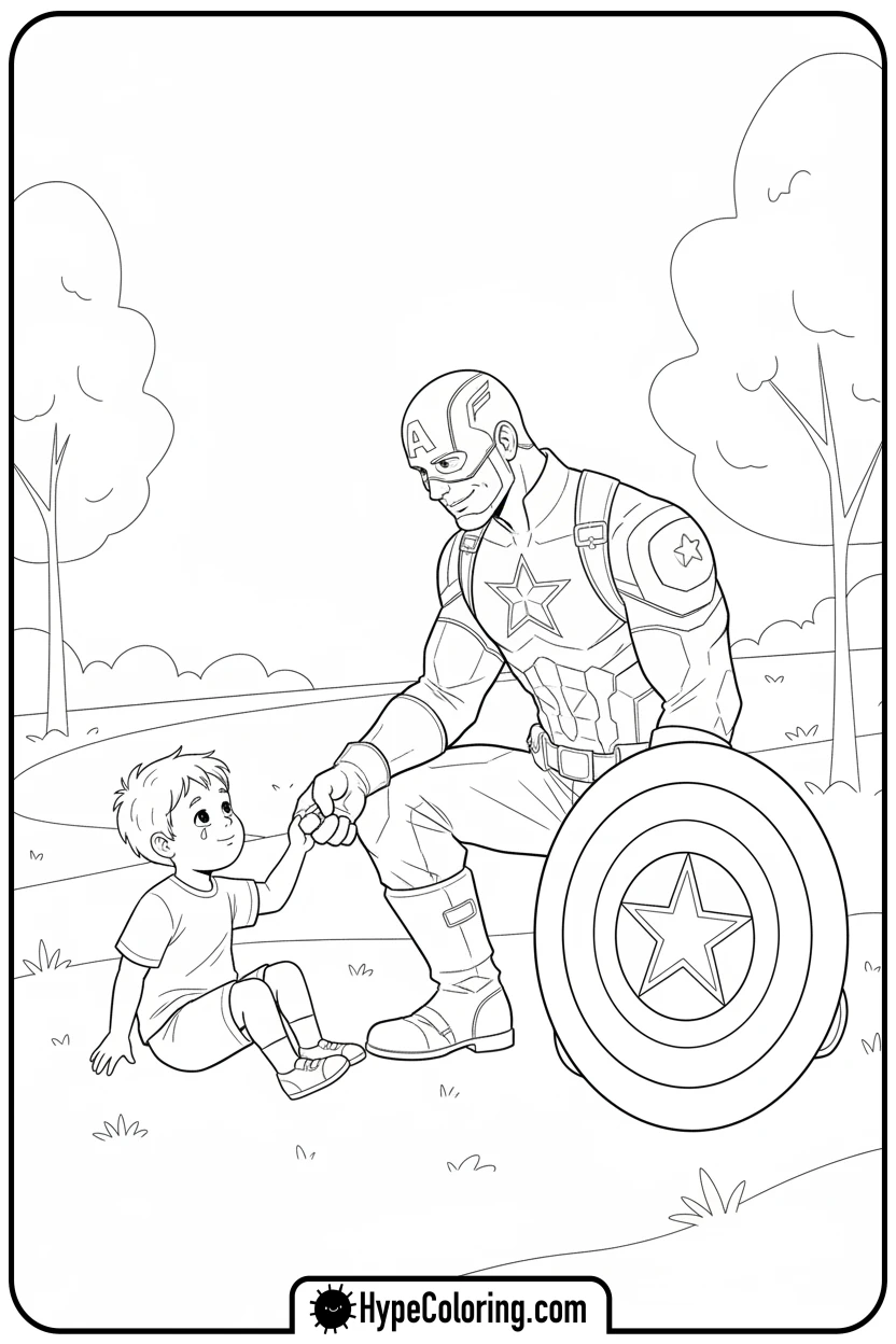captain-america-helping-child - baseball coloring page