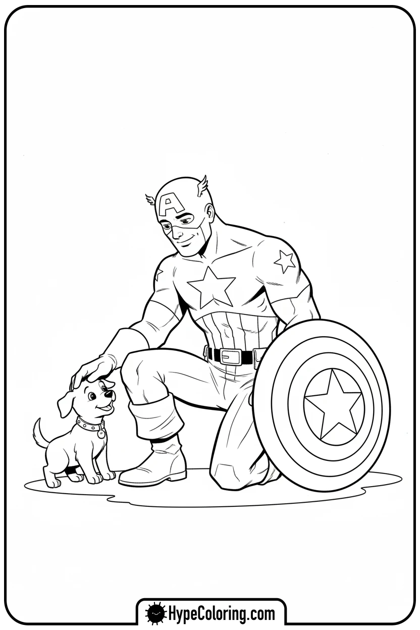 captain-america-petting-puppy - baseball coloring page