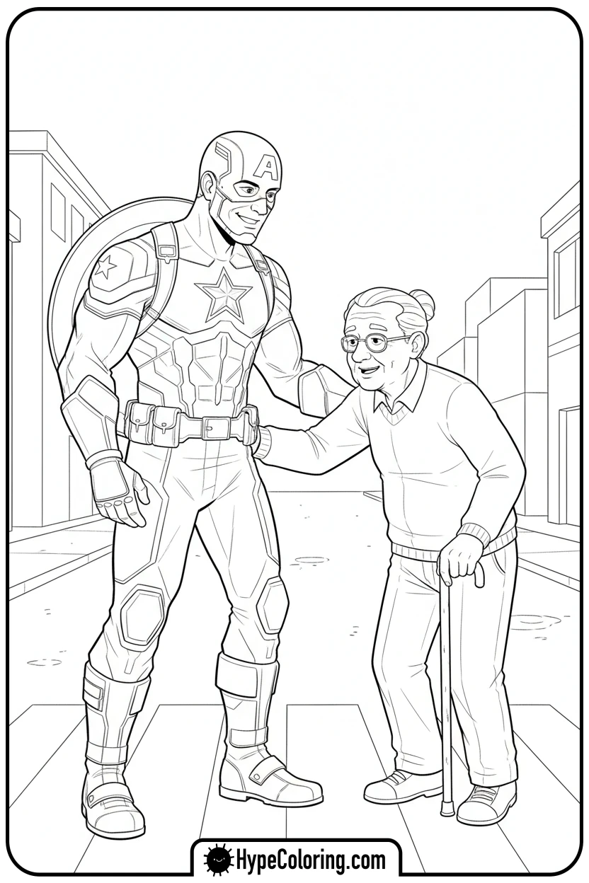 captain-america-helping-elderly - baseball coloring page