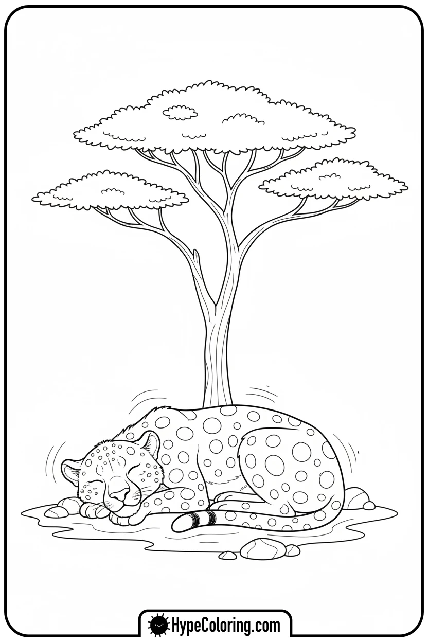 Click to download PDF sleeping-cheetah-under-tree - cheetah coloring page