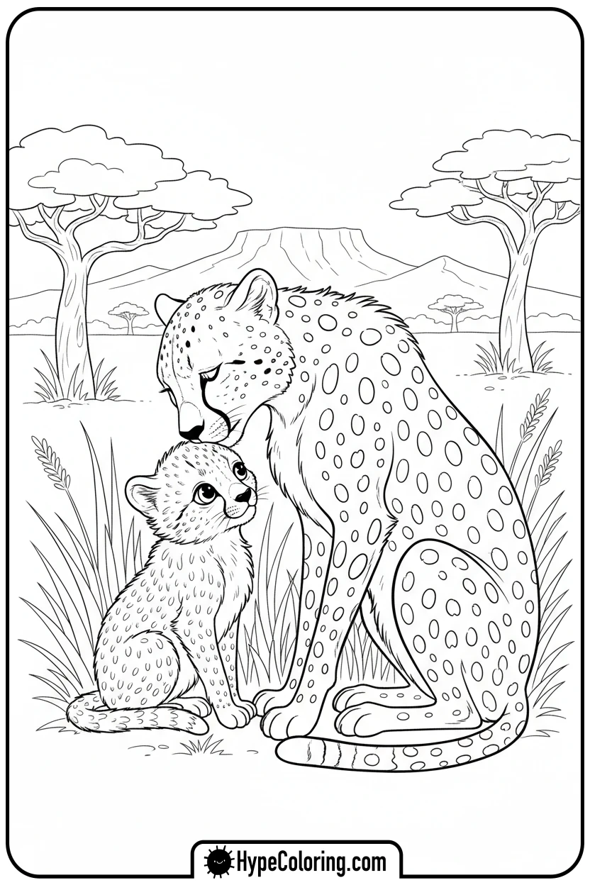 Click to download PDF mother-cheetah-nuzzling-cub - cheetah coloring page