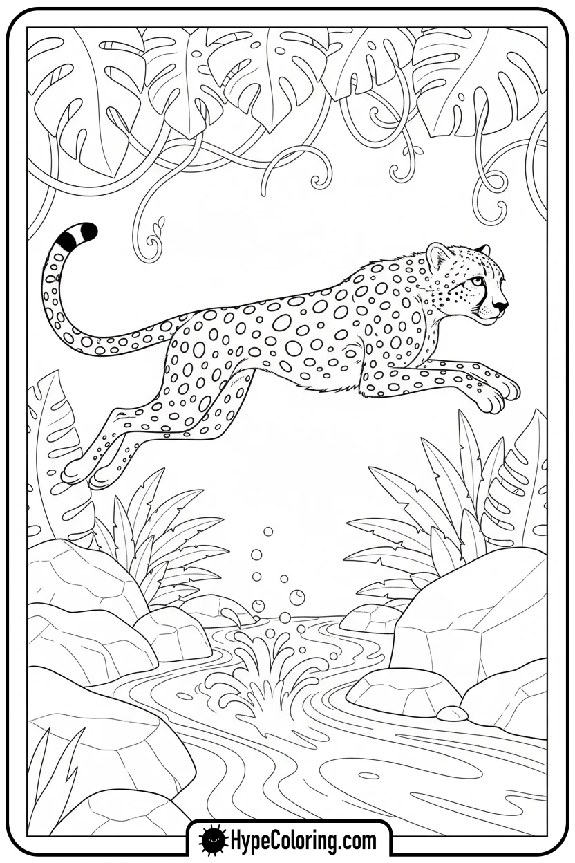 Click to download PDF cheetah-leaping-over-stream - cheetah coloring page