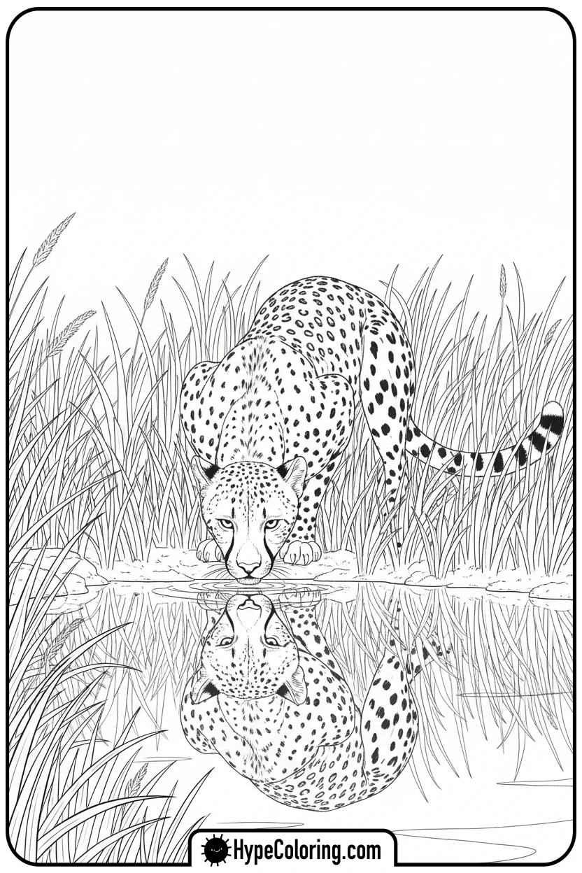 Click to download PDF cheetah-drinking-from-pond - cheetah coloring page