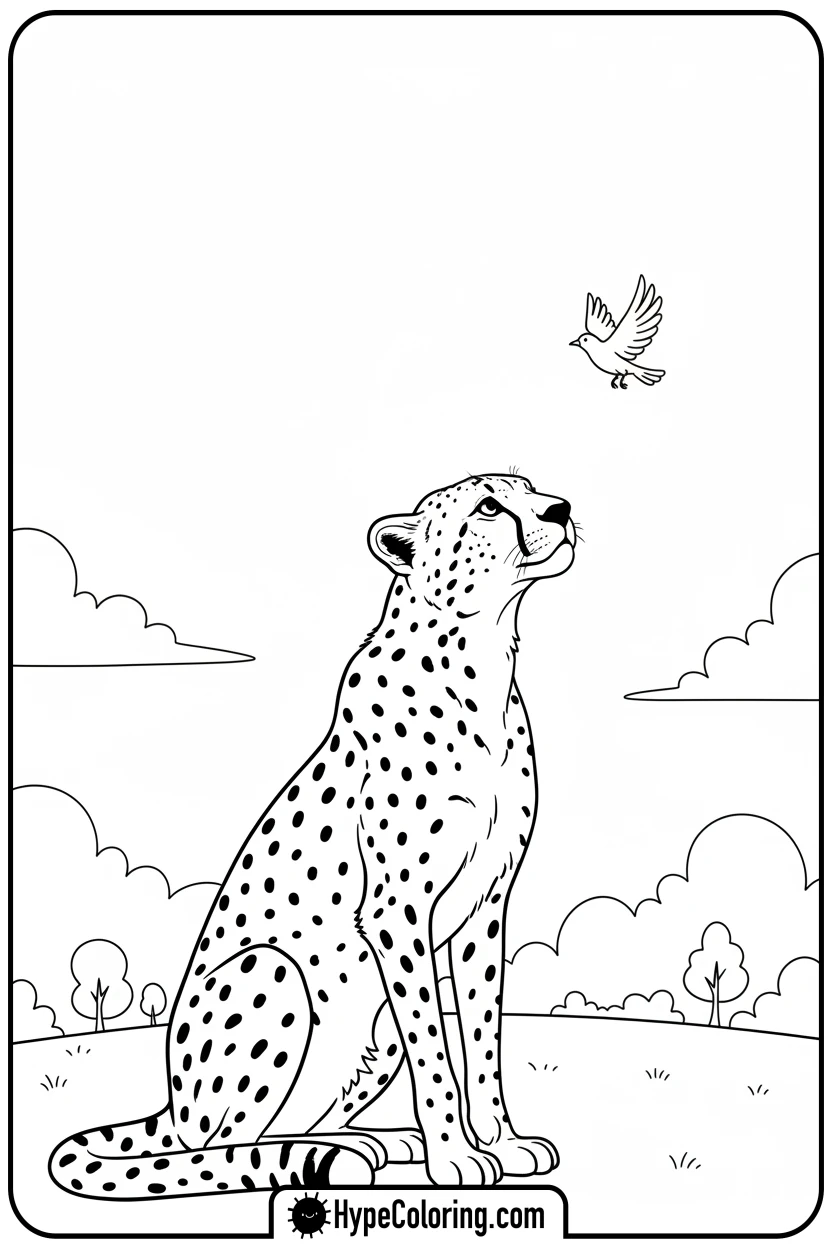Click to download PDF cheetah-looking-at-bird - cheetah coloring page