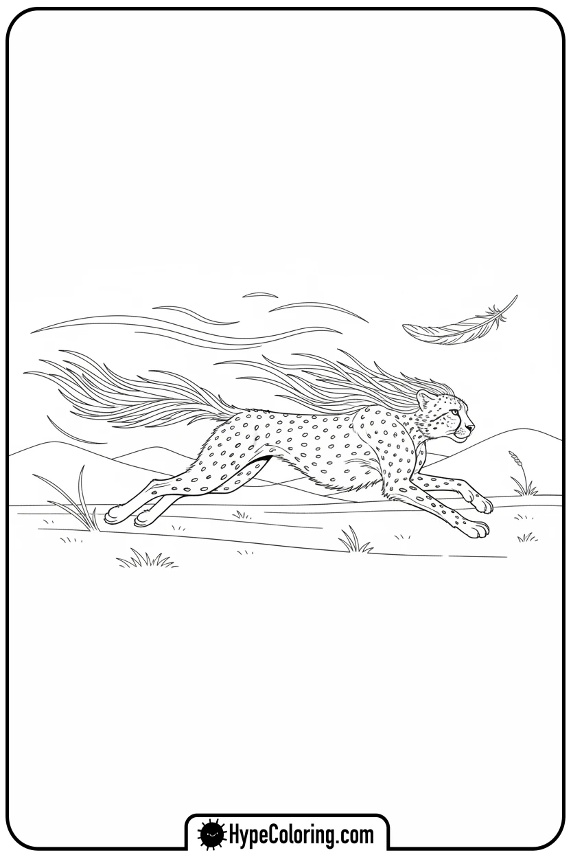 Click to download PDF cheetah-running-with-wind - cheetah coloring page
