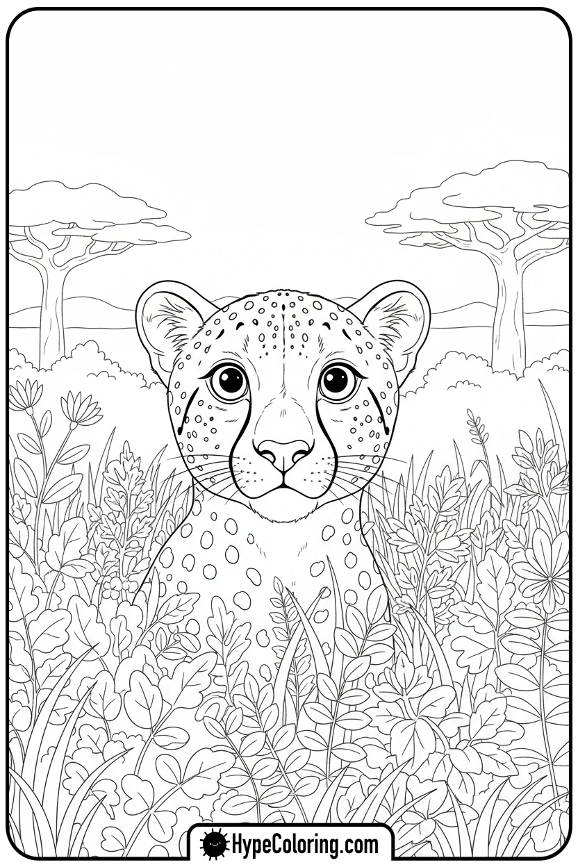 Click to download PDF cheetah-peeking-from-bush - cheetah coloring page