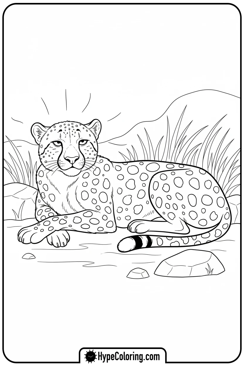 Click to download PDF cheetah-basking-in-sun - cheetah coloring page
