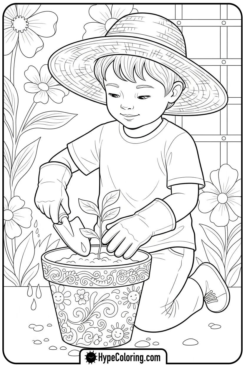 child-planting-a-seedling - coloring pages of people