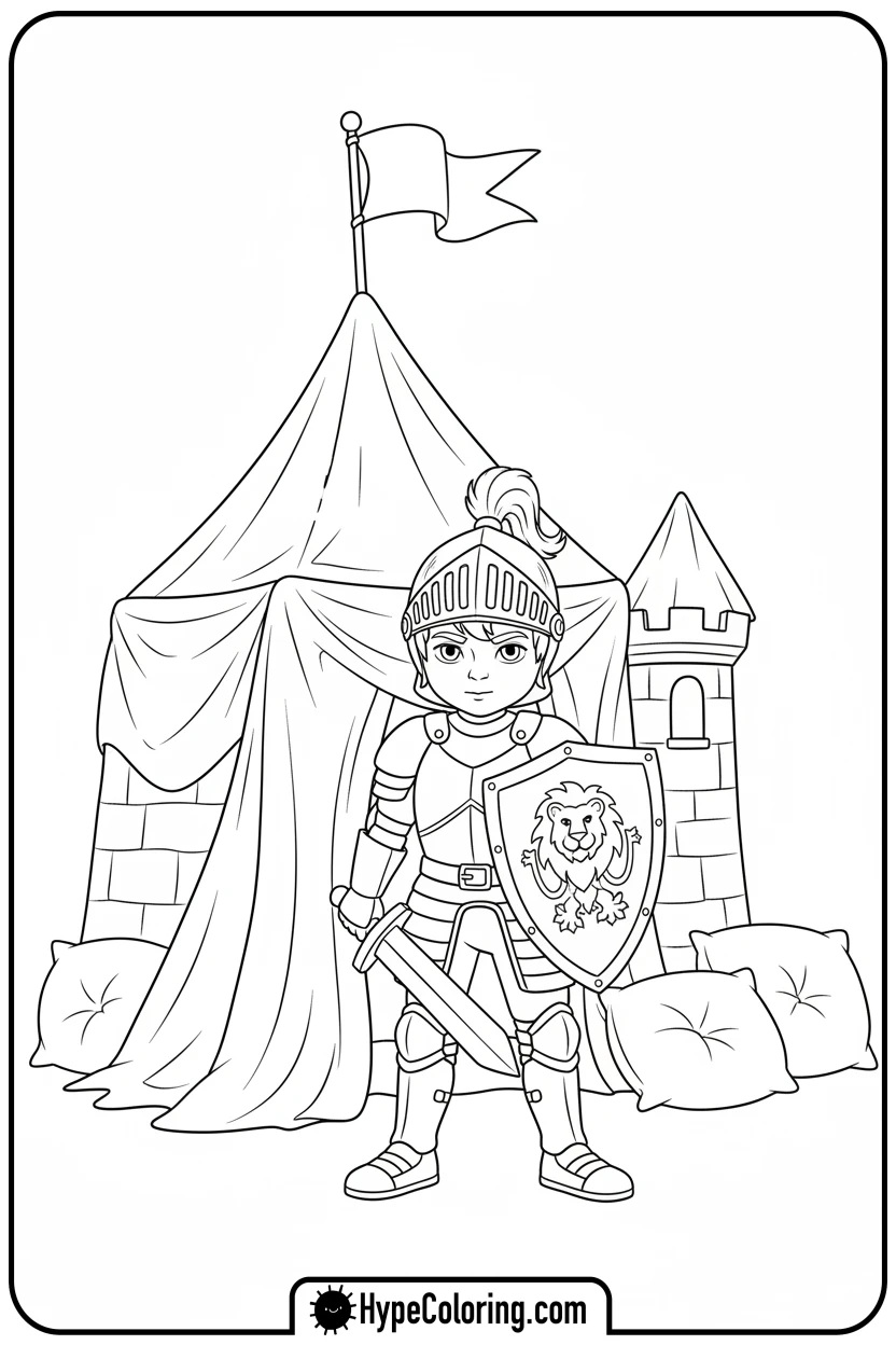 child-as-knight-in-fort - coloring pages of people