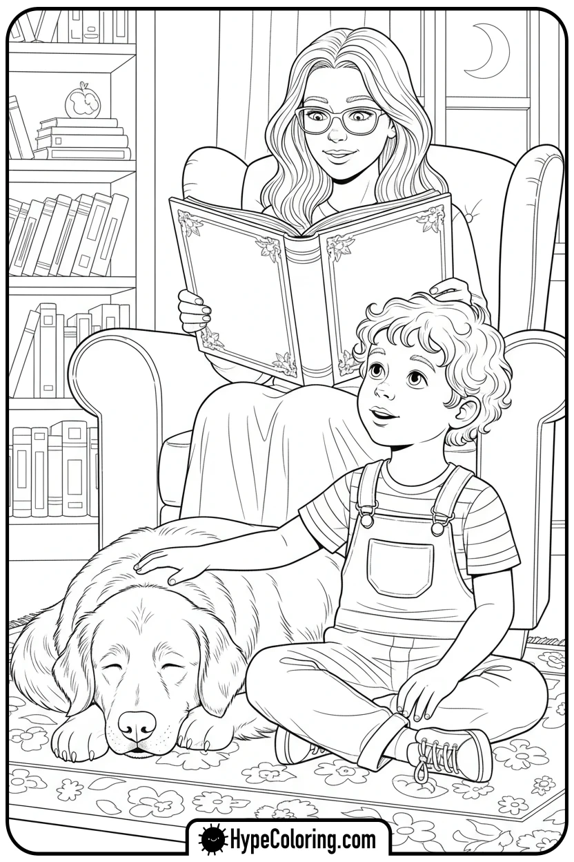 child-and-dog-listening-to-story - coloring pages of people