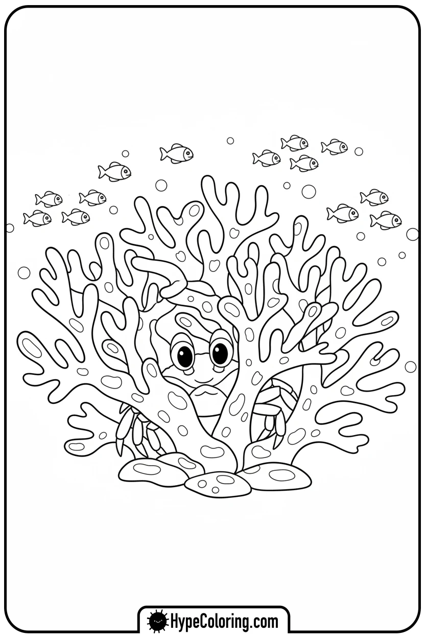 shy-crab-behind-coral - crab coloring pages