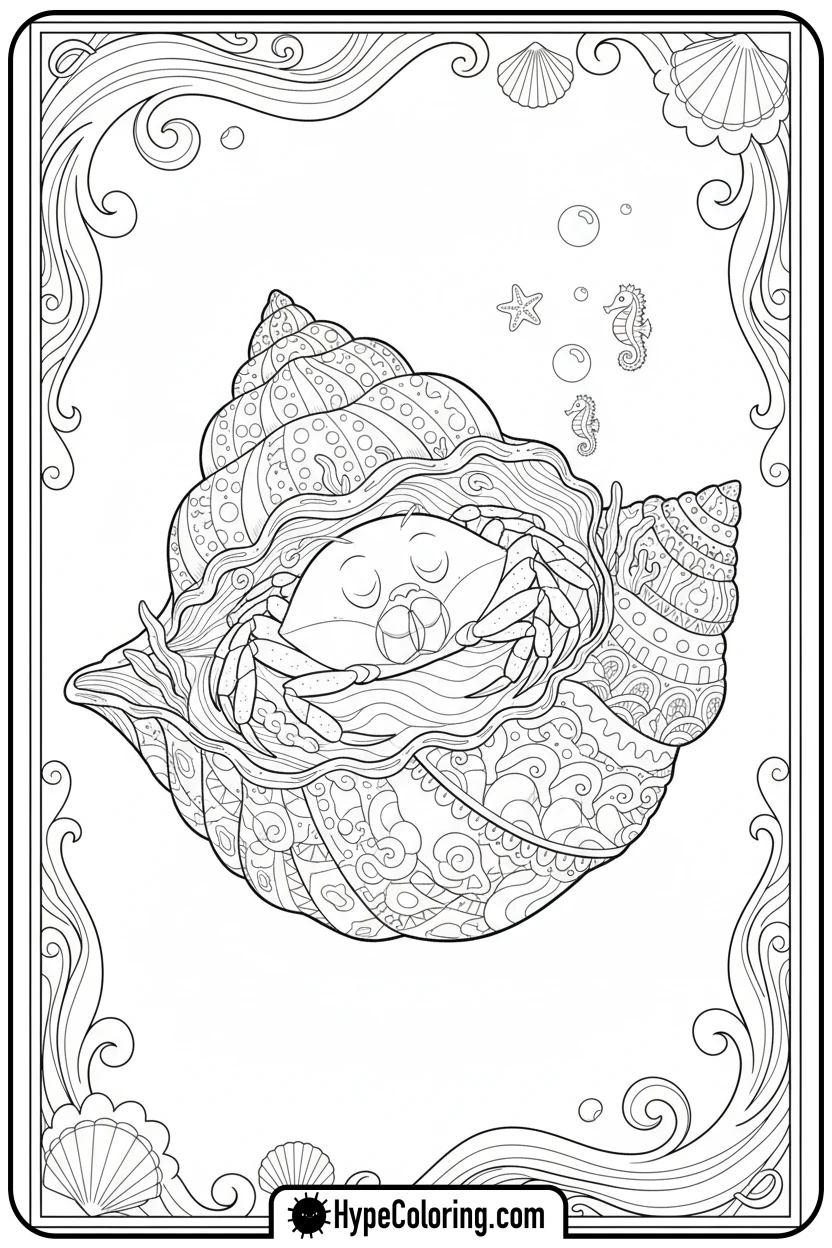 sleepy-crab-in-conch-shell - crab coloring pages