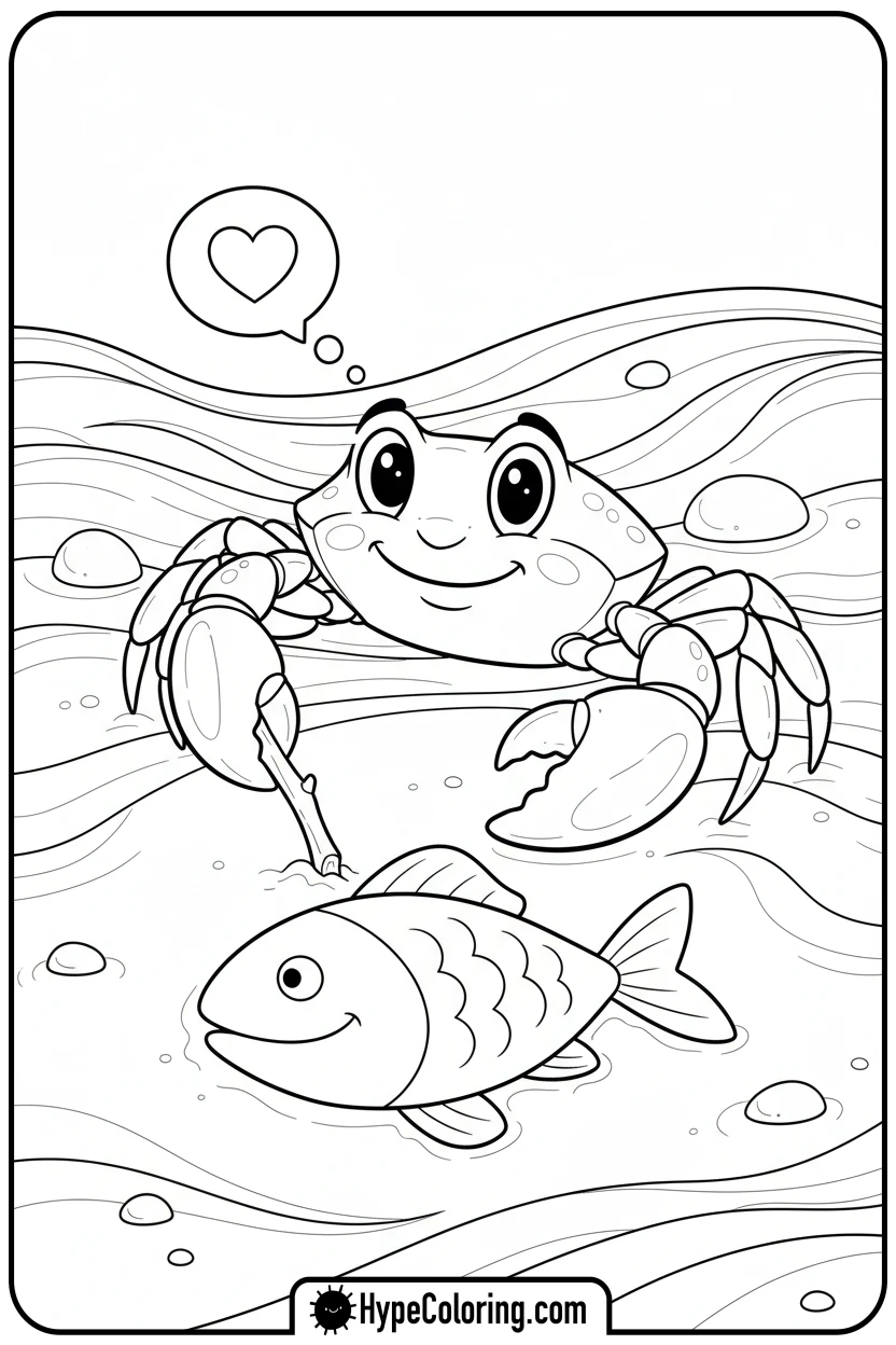 crab-drawing-fish-in-sand - crab coloring pages