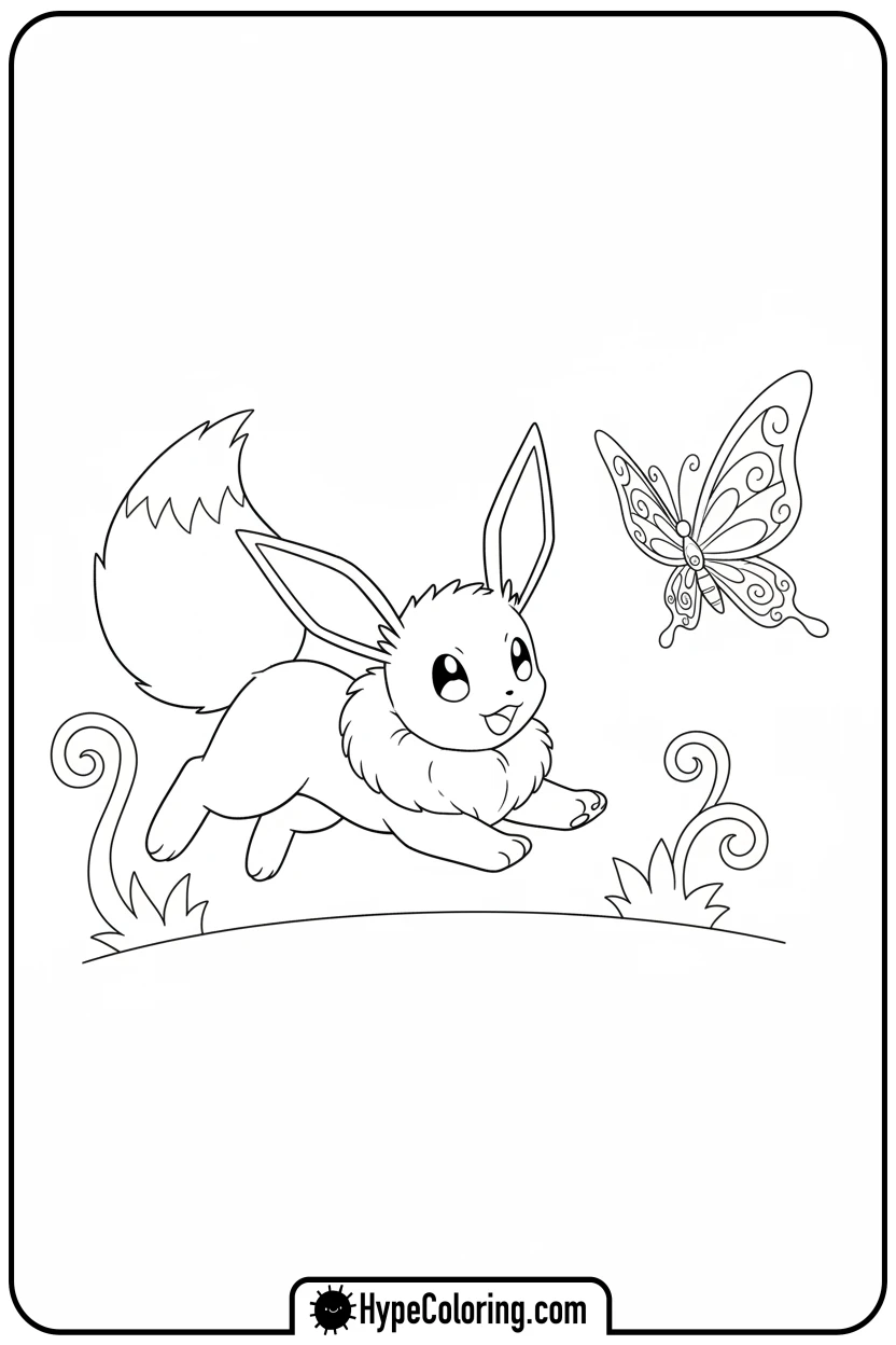 Click to download PDF eevee-chasing-butterfly - eevee coloring page