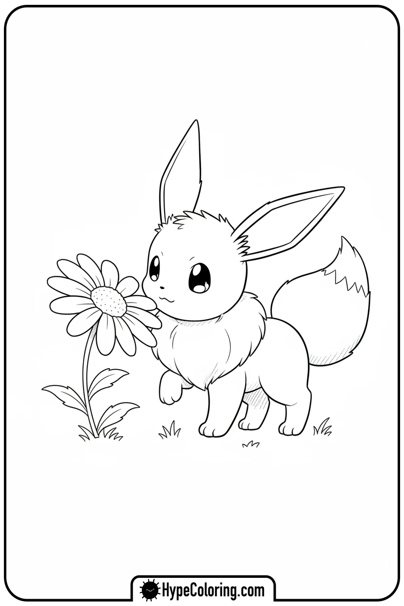 Click to download PDF eevee-sniffing-a-daisy - eevee coloring page