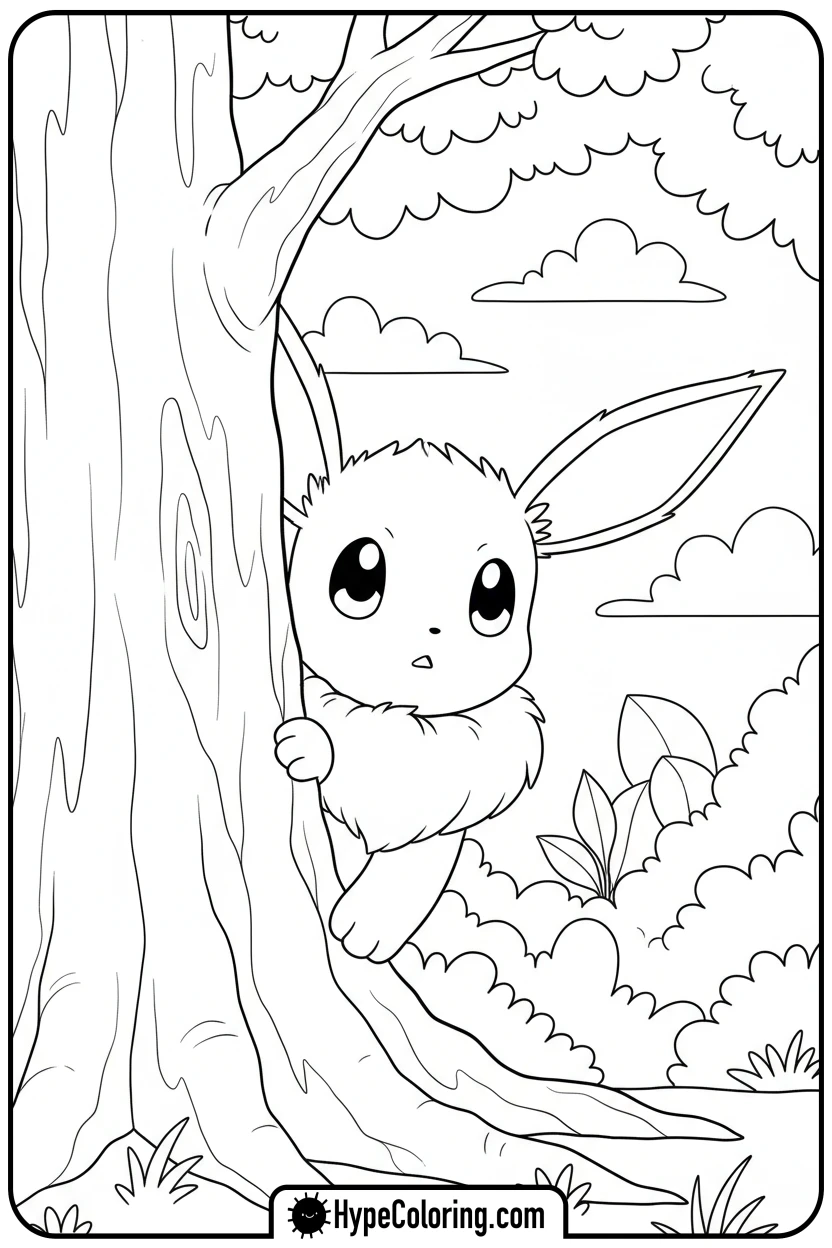 Click to download PDF eevee-peeking-from-tree - eevee coloring page