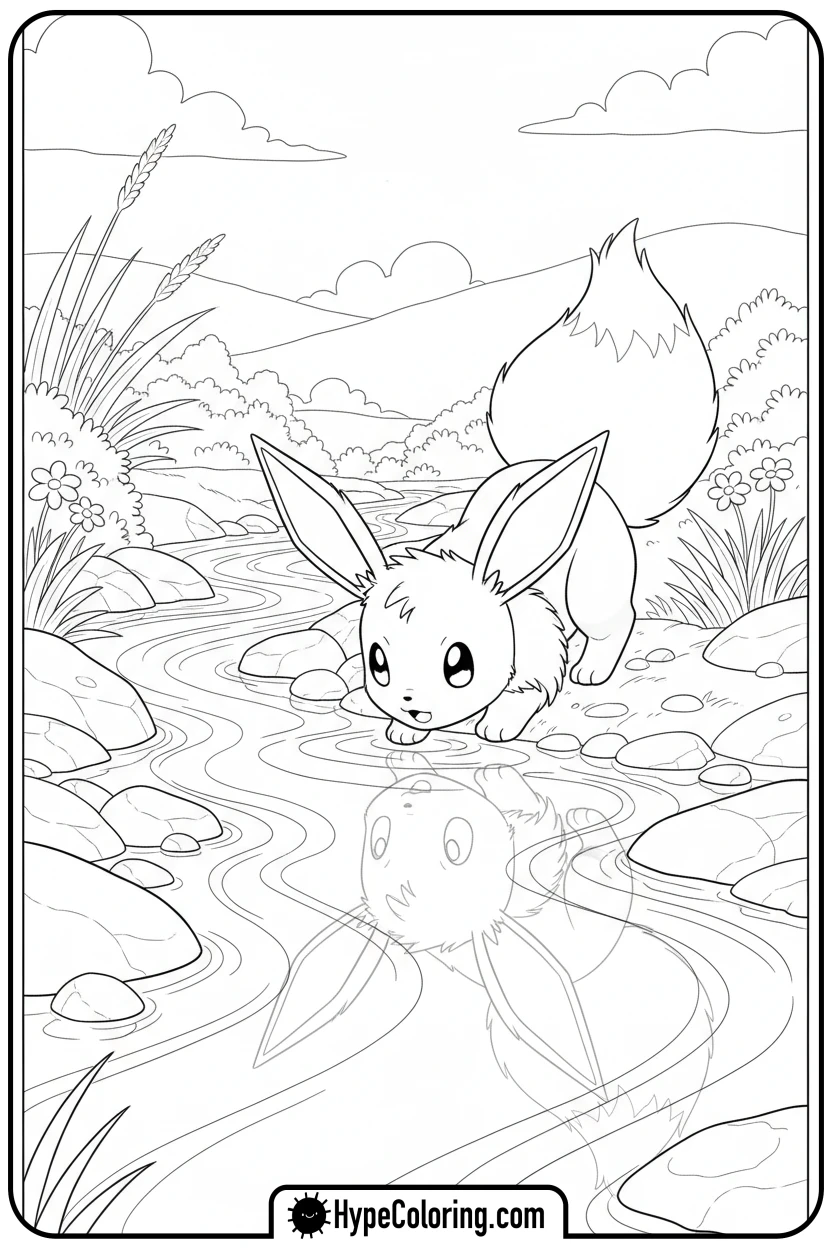 Click to download PDF eevee-drinking-from-stream - eevee coloring page