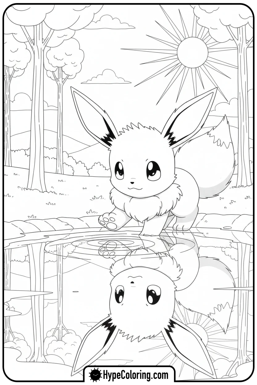 Click to download PDF eevee-looking-at-reflection - eevee coloring page