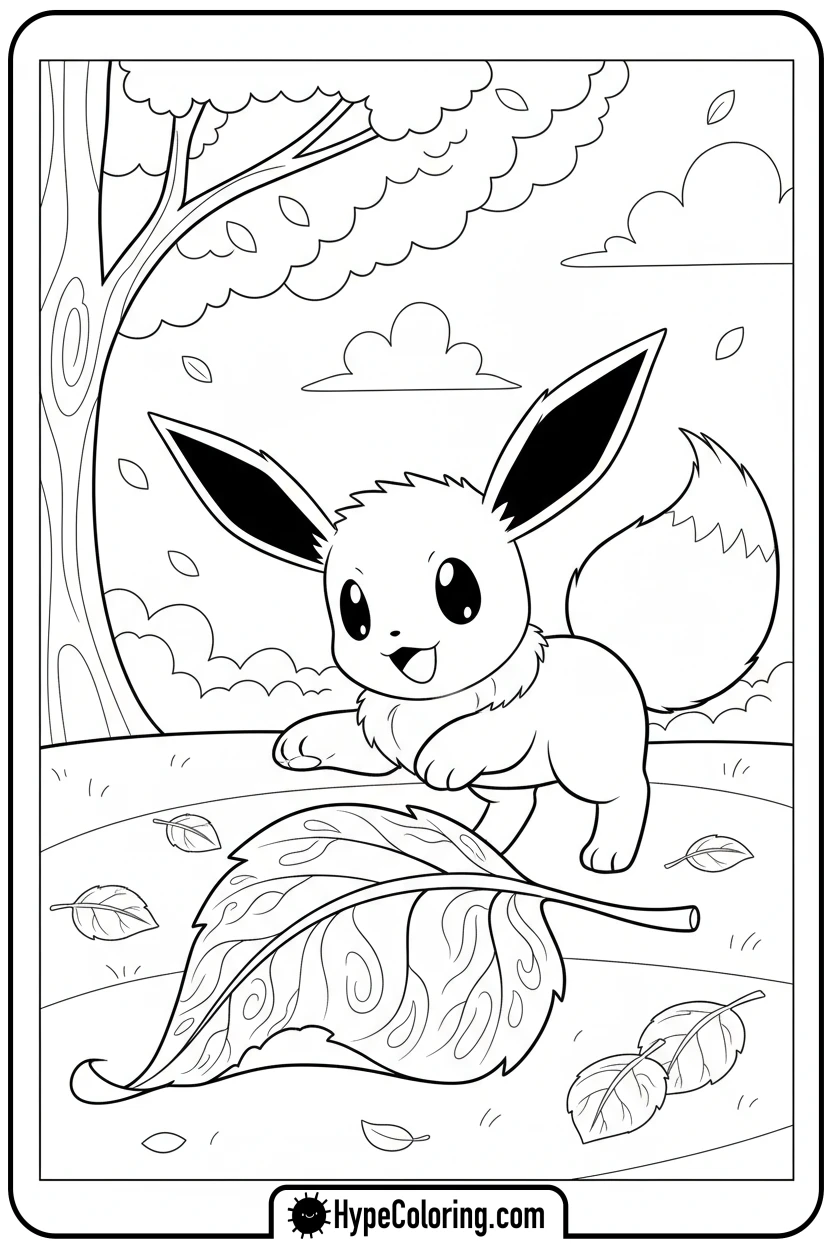 Click to download PDF eevee-playing-with-leaf - eevee coloring page