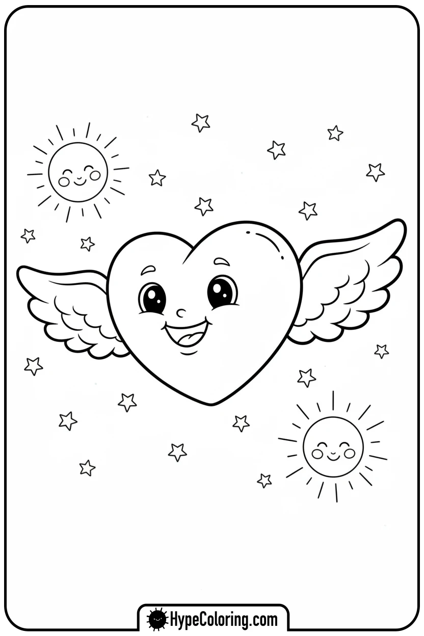 Click to download PDF heart-flying-with-cloud-wings - heart shape coloring pages