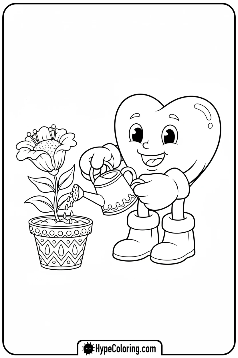 Click to download PDF heart-gardening-with-watering-can - heart shape coloring pages