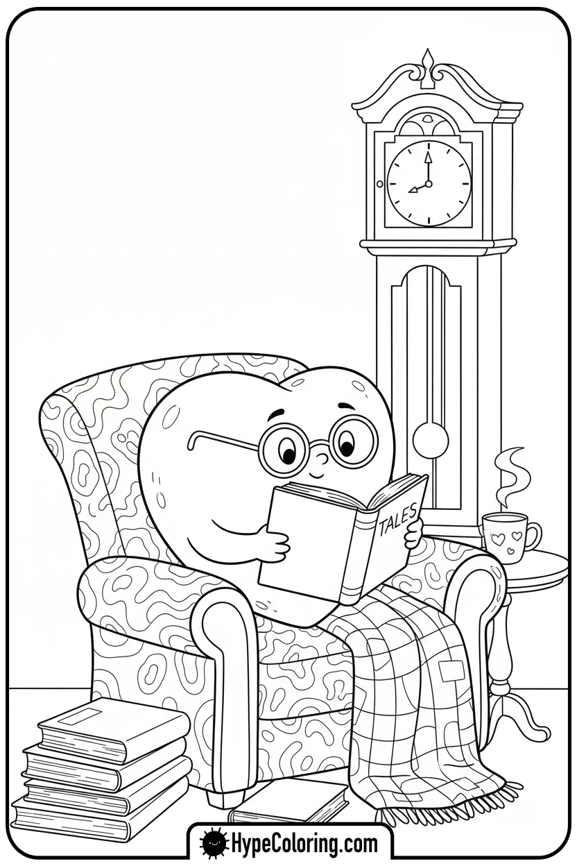 Click to download PDF heart-reading-in-armchair - heart shape coloring pages