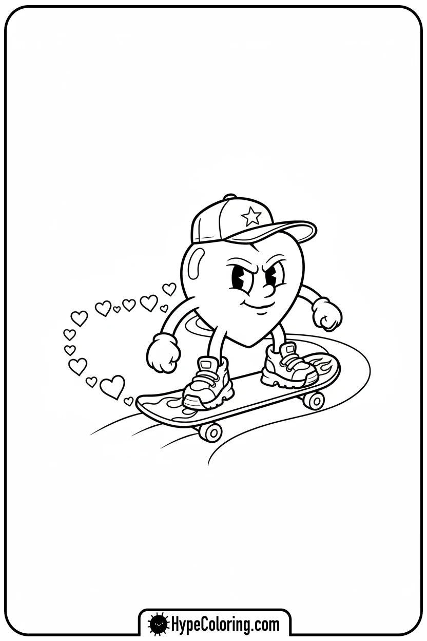 Click to download PDF heart-skateboarding-down-path - heart shape coloring pages