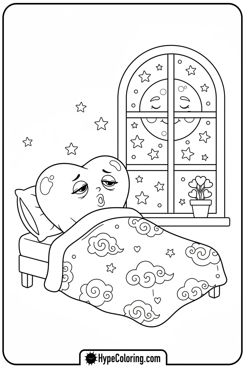 Click to download PDF heart-gazing-at-starry-night - heart shape coloring pages