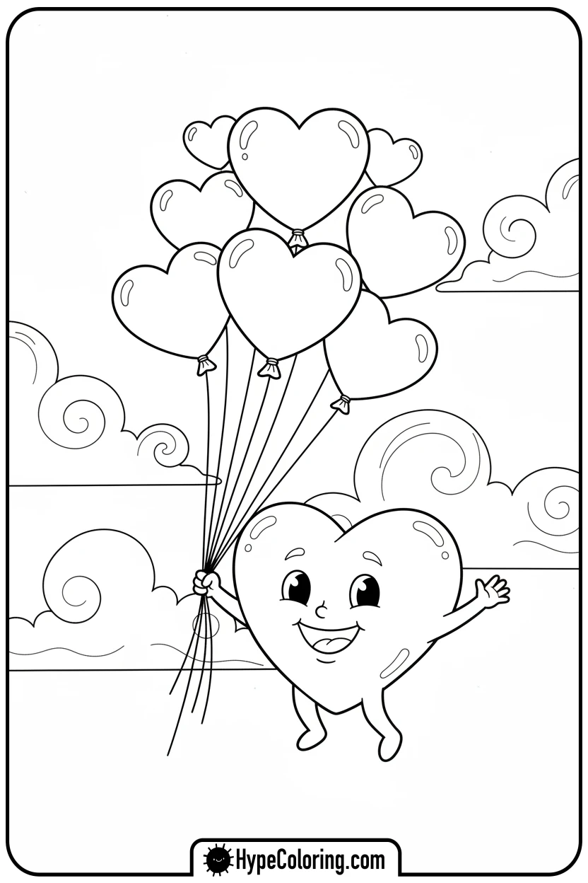 Click to download PDF heart-floating-with-balloon-hearts - heart shape coloring pages