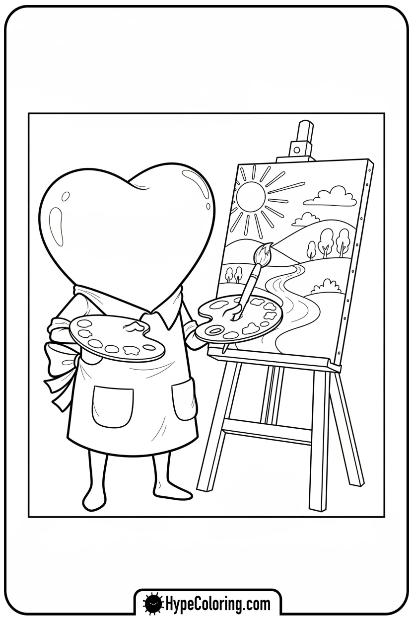Click to download PDF heart-painting-on-easel - heart shape coloring pages