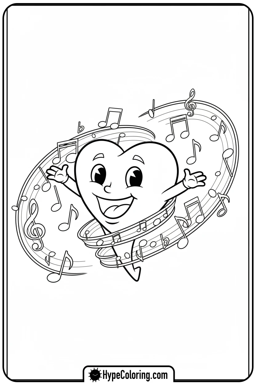 Click to download PDF heart-dancing-with-music-notes - heart shape coloring pages