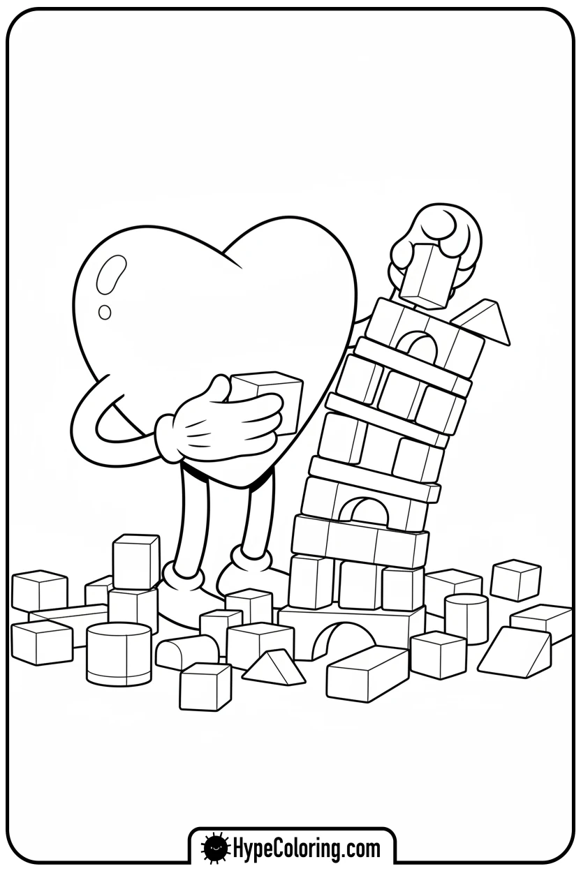Click to download PDF heart-building-block-tower - heart shape coloring pages