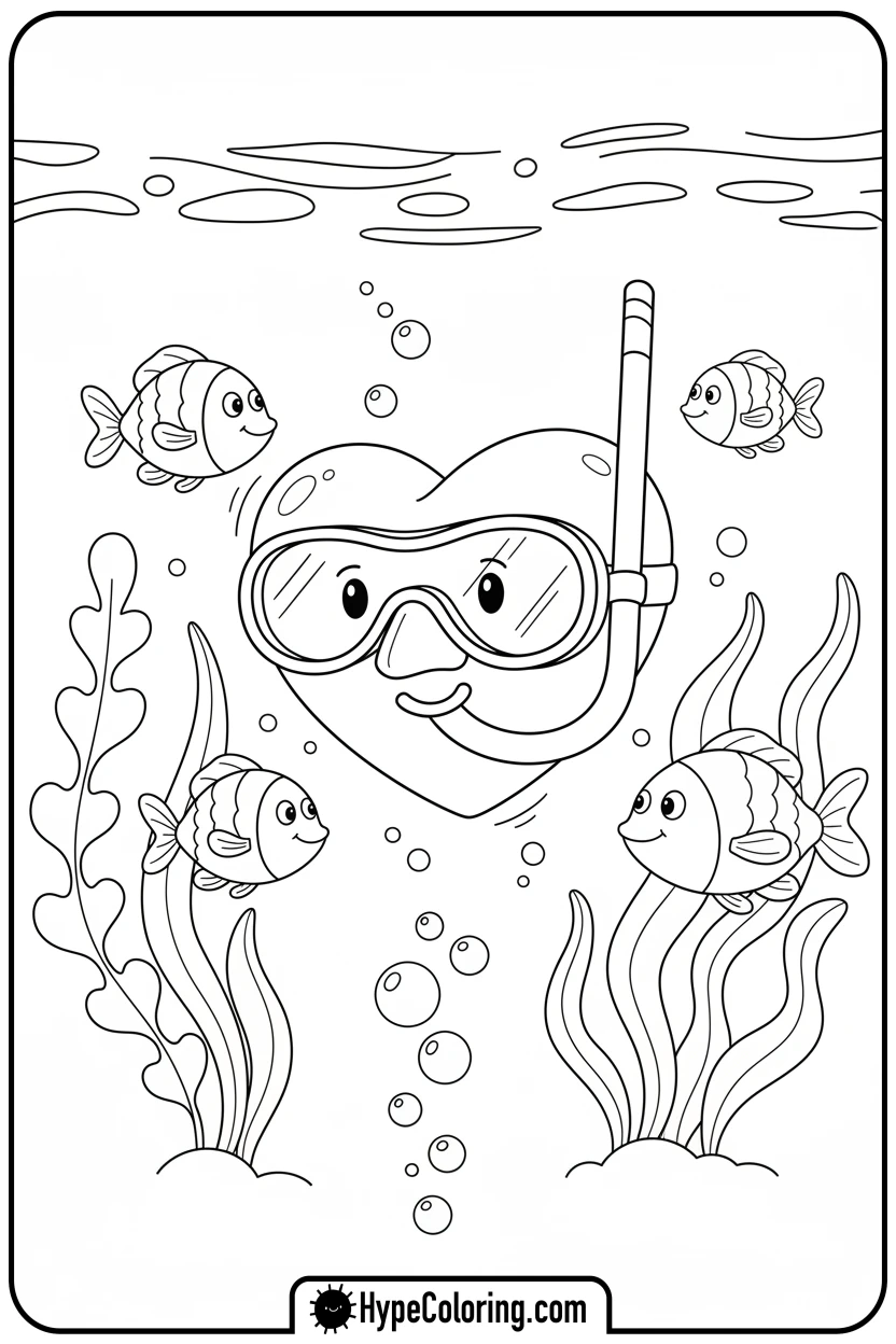 Click to download PDF heart-swimming-underwater-with-fish - heart shape coloring pages