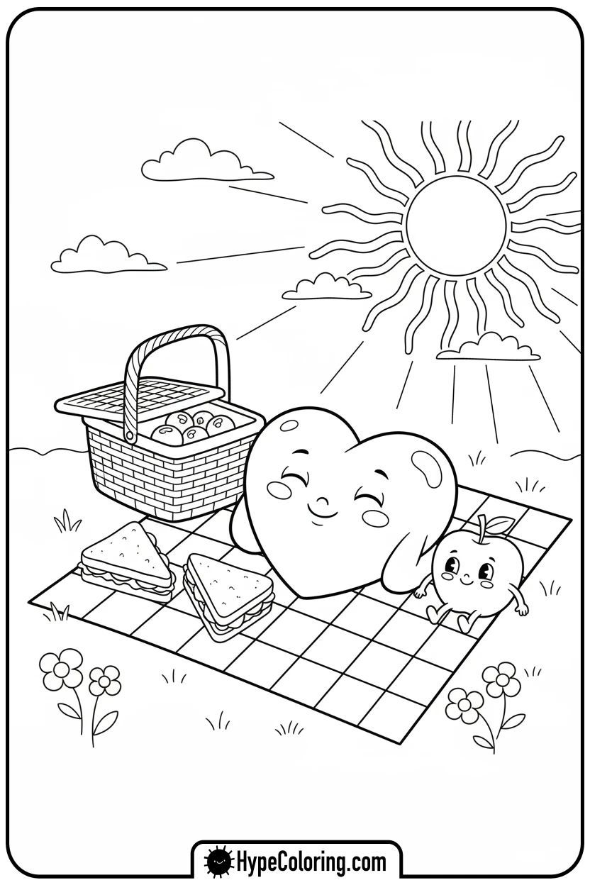Click to download PDF heart-having-picnic-on-blanket - heart shape coloring pages