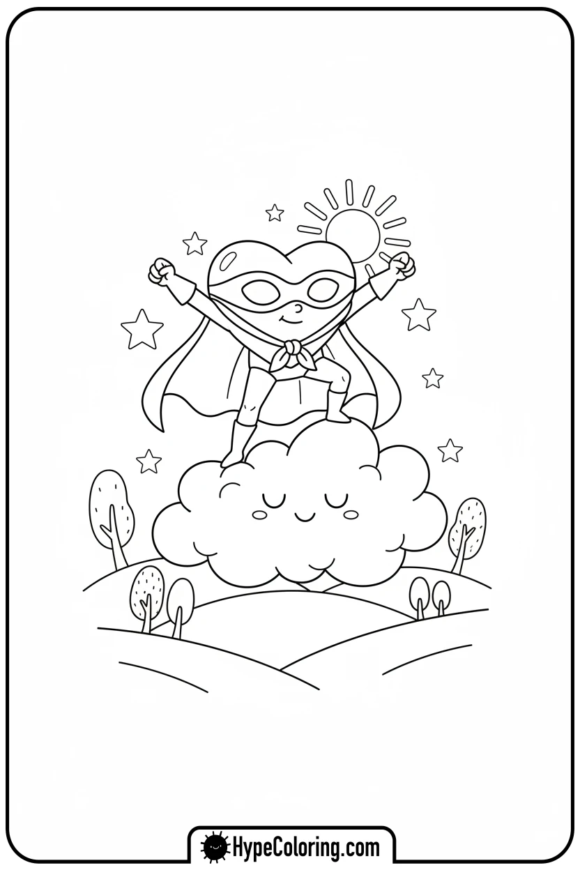 Click to download PDF superhero-heart-on-cloud - heart shape coloring pages