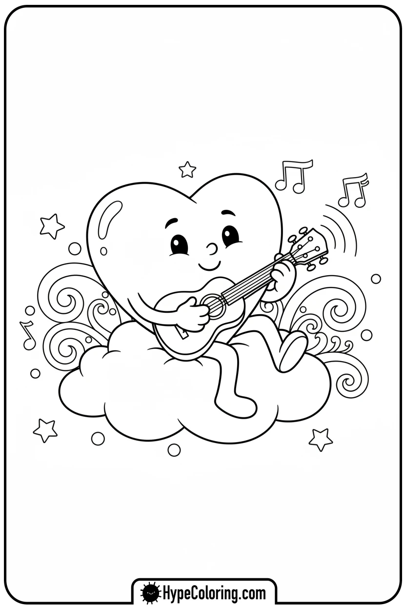 Click to download PDF heart-playing-ukulele - heart shape coloring pages