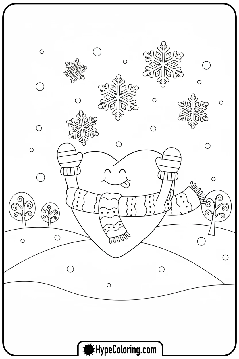 Click to download PDF heart-catching-snowflakes - heart shape coloring pages