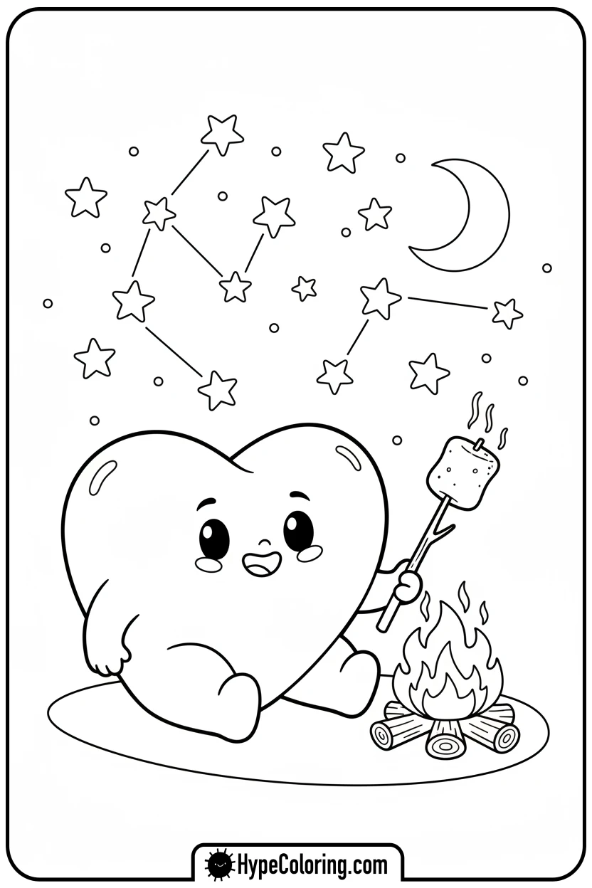 Click to download PDF heart-camping-by-campfire - heart shape coloring pages