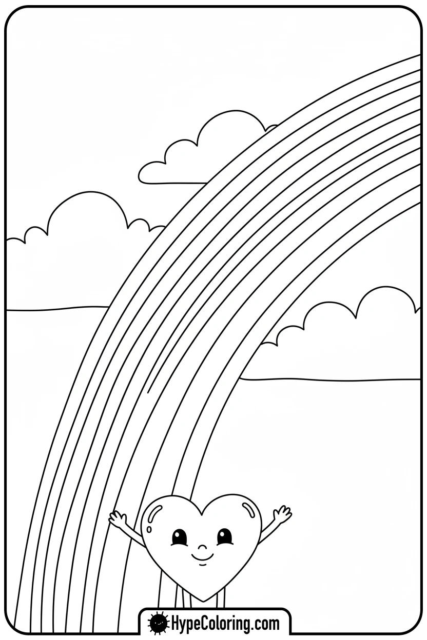 Click to download PDF heart-under-a-colorful-rainbow - heart shape coloring pages