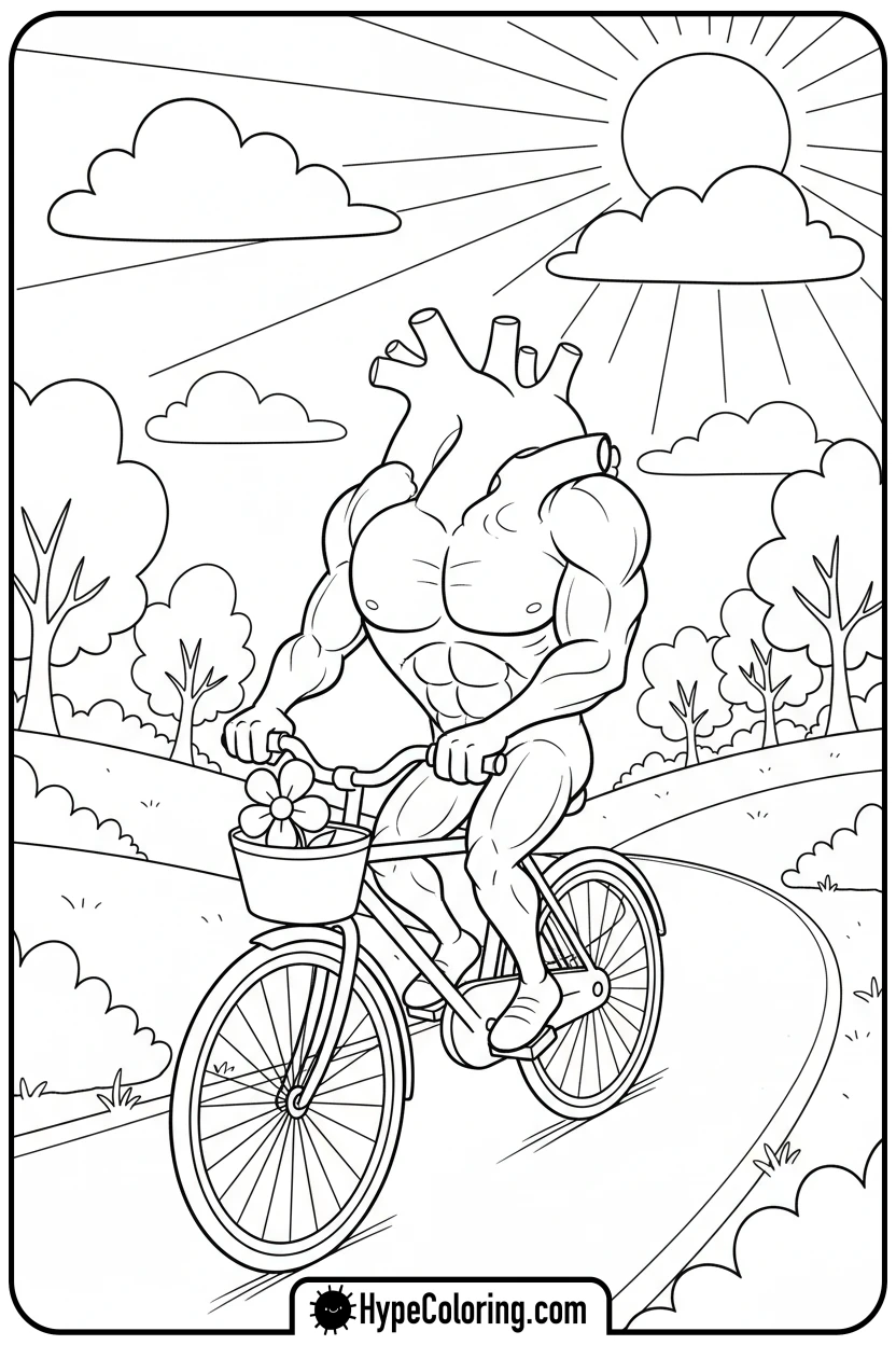 Click to download PDF heart-riding-bicycle-on-path - heart shape coloring pages