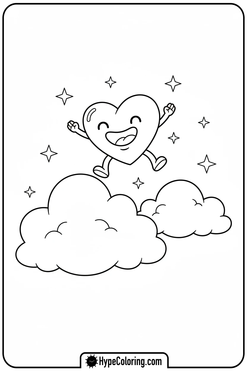 Click to download PDF heart-jumping-between-clouds - heart shape coloring pages