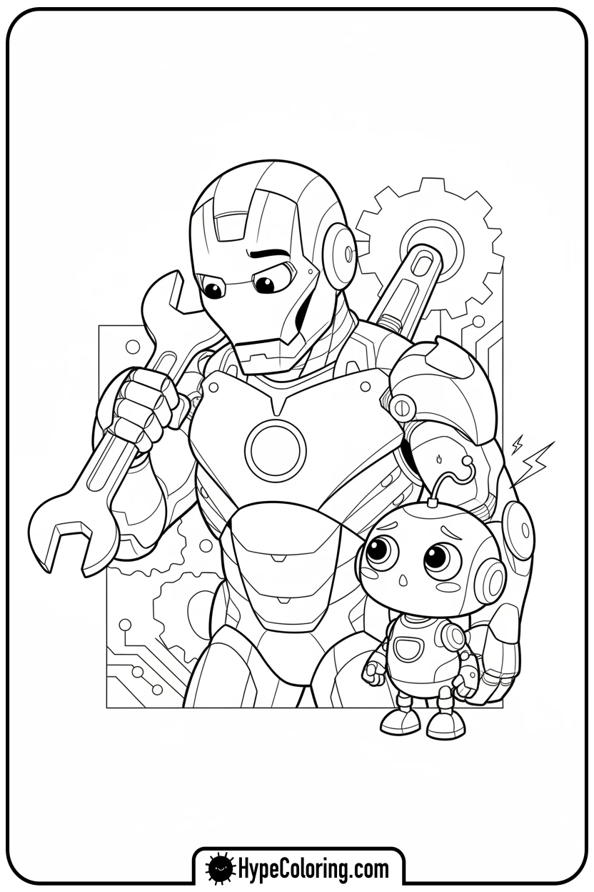 iron-man-fixing-robot-in-workshop - iron man coloring book pages