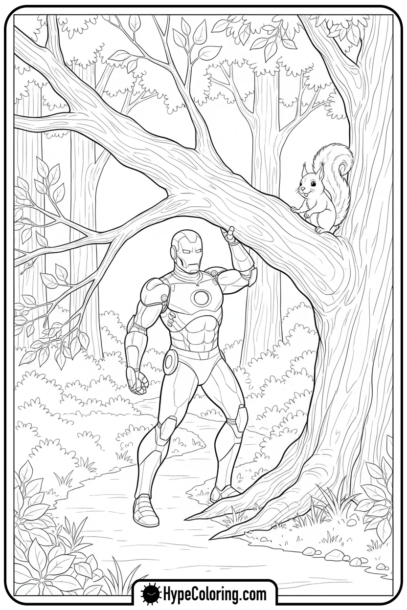 iron-man-helping-squirrel-with-branch - iron man coloring book pages
