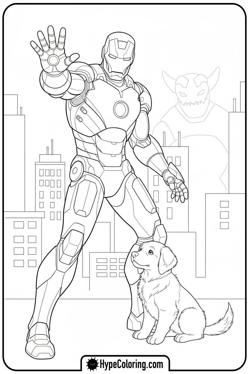 iron-man-protecting-puppy - iron man coloring book pages