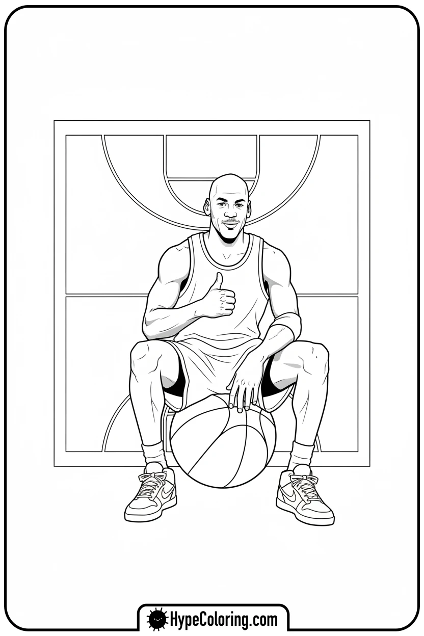 Click to download PDF mj-sitting-on-basketball-winking - michael jordan coloring pages