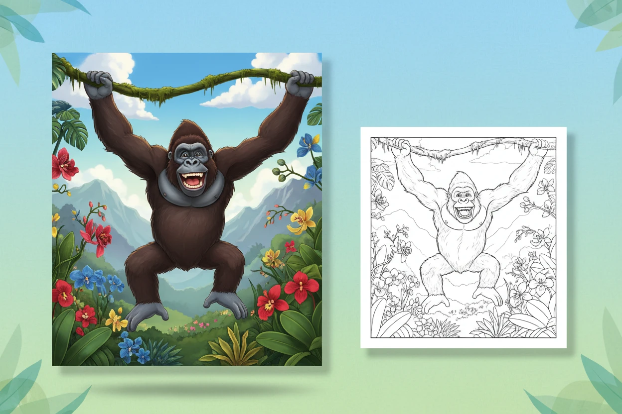 king-kong-joyfully-swinging-from - king kong coloring pages