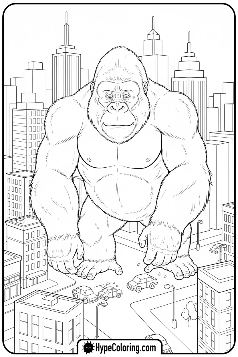 king-kong-tiptoeing-in-city - king kong coloring pages
