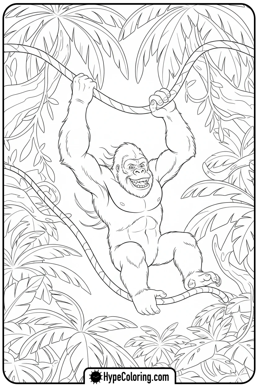 king-kong-swinging-on-vine - king kong coloring pages