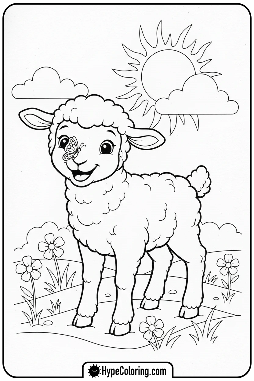 happy-lamb-with-butterfly - lamb coloring page