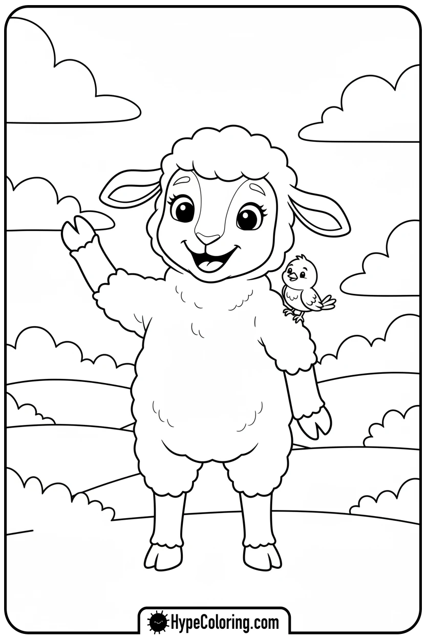 lamb-waving-with-bird - lamb coloring page